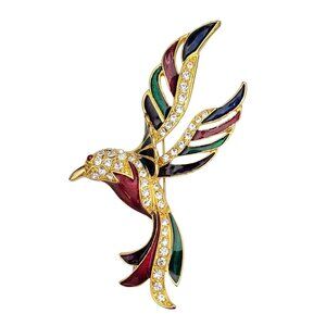 Gold Tone Enamel Clear Rhinestone Statement Large Paradise Bird Brooch, K203